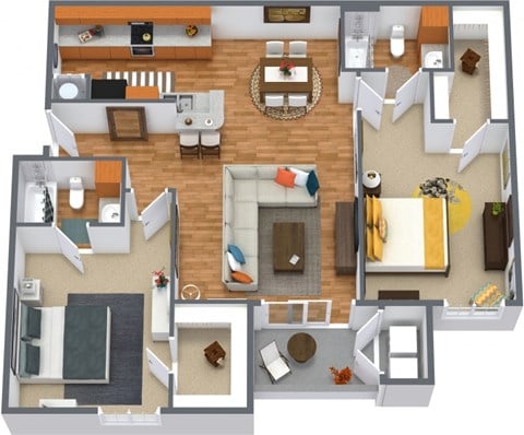 Floor plan for 2 beds, 2 baths, 1000 sqft